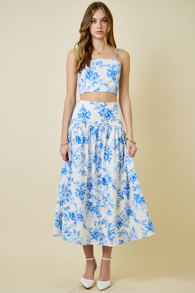 Blue Floral Print Top and Flared Maxi Skirt