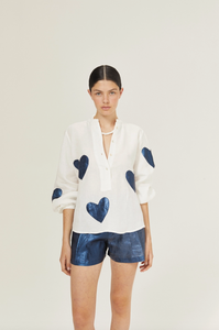 Cupid Linen Shirt - Off-white with Blue Hearts