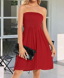 Red Strapless Smocked Dress