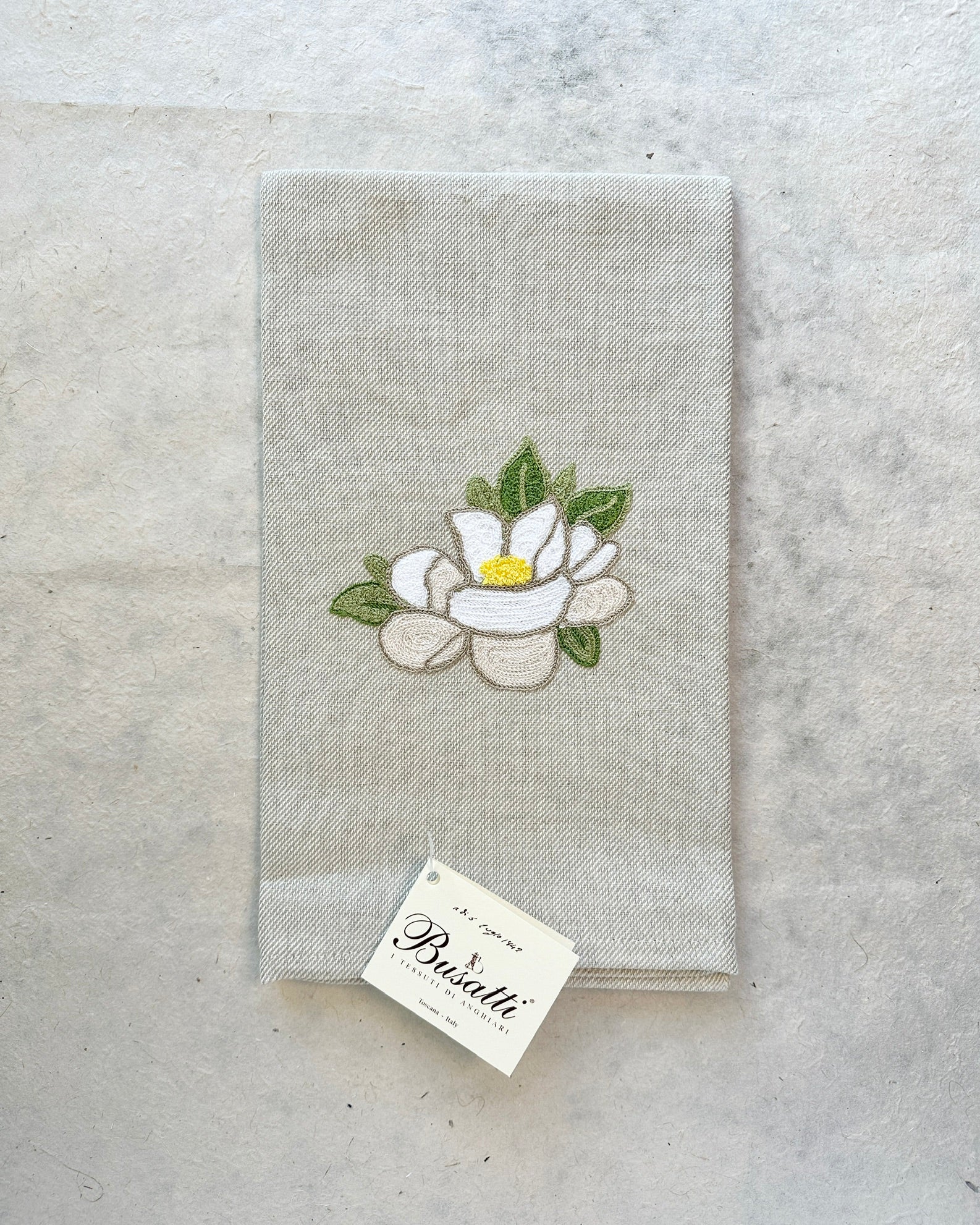 Due Olive Taupe with Magnolia Kitchen Towel (Col. 37, EMBR.MAGNOLIA)