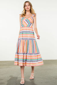 Flutter Strap Multi Stripe Midi Dress