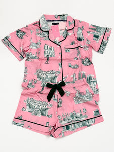 Atlanta Toile Pajama Shorts Set (Blue Pink) by Katie Kime