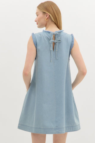 Chambray Sleveless Dress Frayed Detail