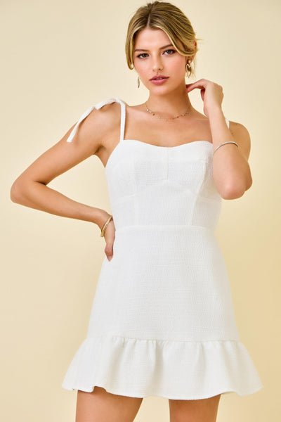 White Tweed Shoulder Tie Dress