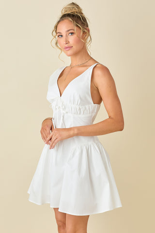 White Deep V-Neck Fit and Flare Paneled Skirt Dress