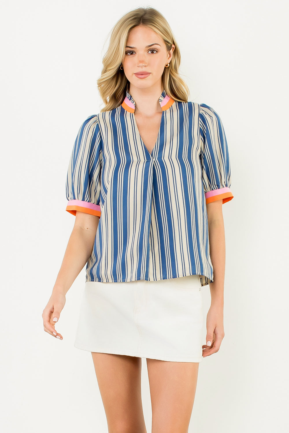 Short Sleeve Striped V-Neck Top - Blue