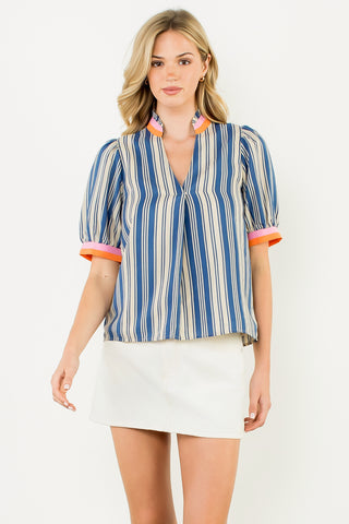 Short Sleeve Striped V-Neck Top - Blue
