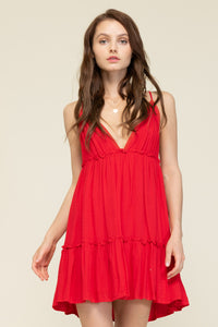 Red-Deep V-neck Mini Dress with Tie Back