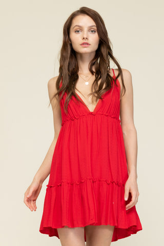 Red-Deep V-neck Mini Dress with Tie Back