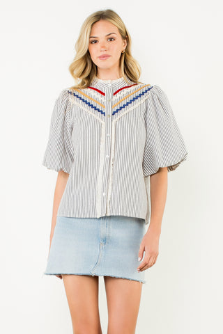 Puff Sleeve Striped Ric Rac Button Up Top