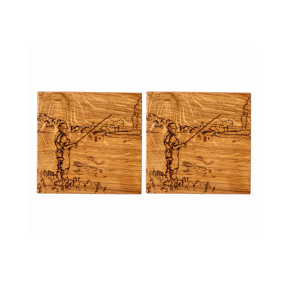 2 Oak Coasters - Fishing