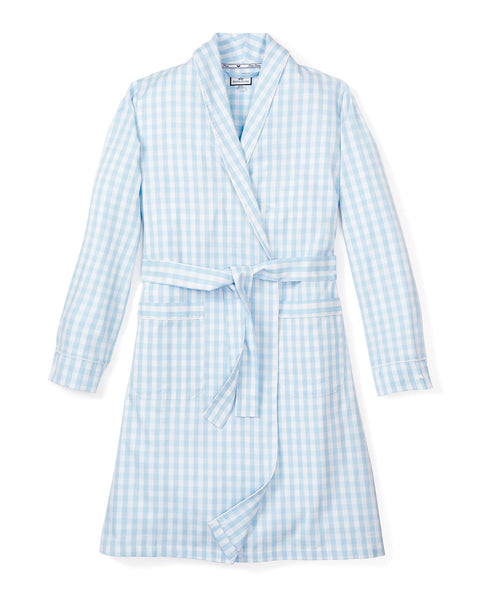 Women's Twill Robe in Light Blue Gingham by Petite Plume