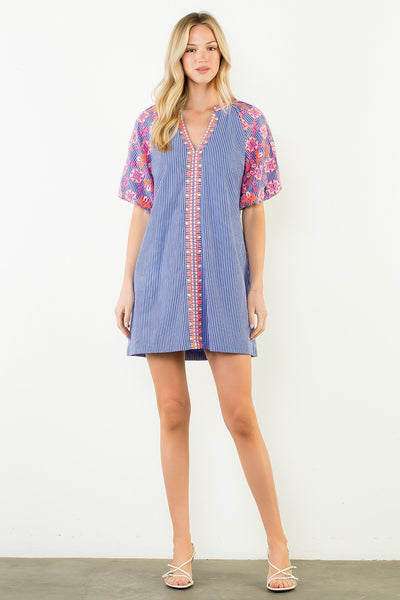 Embroidery Detail Sleeves Stripe Dress