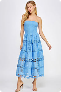 Chambray Eyelet Lace Tube Dress