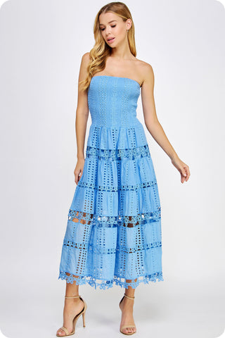 Chambray Eyelet Lace Tube Dress