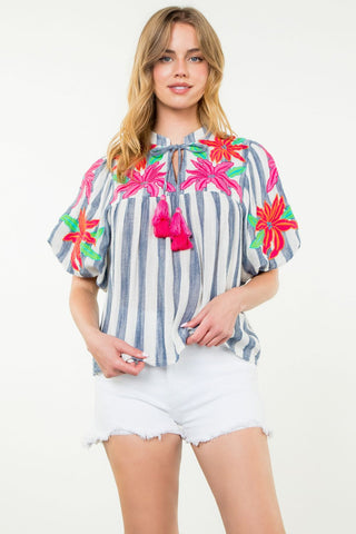 Embroidered Puff Sleeve Striped Top