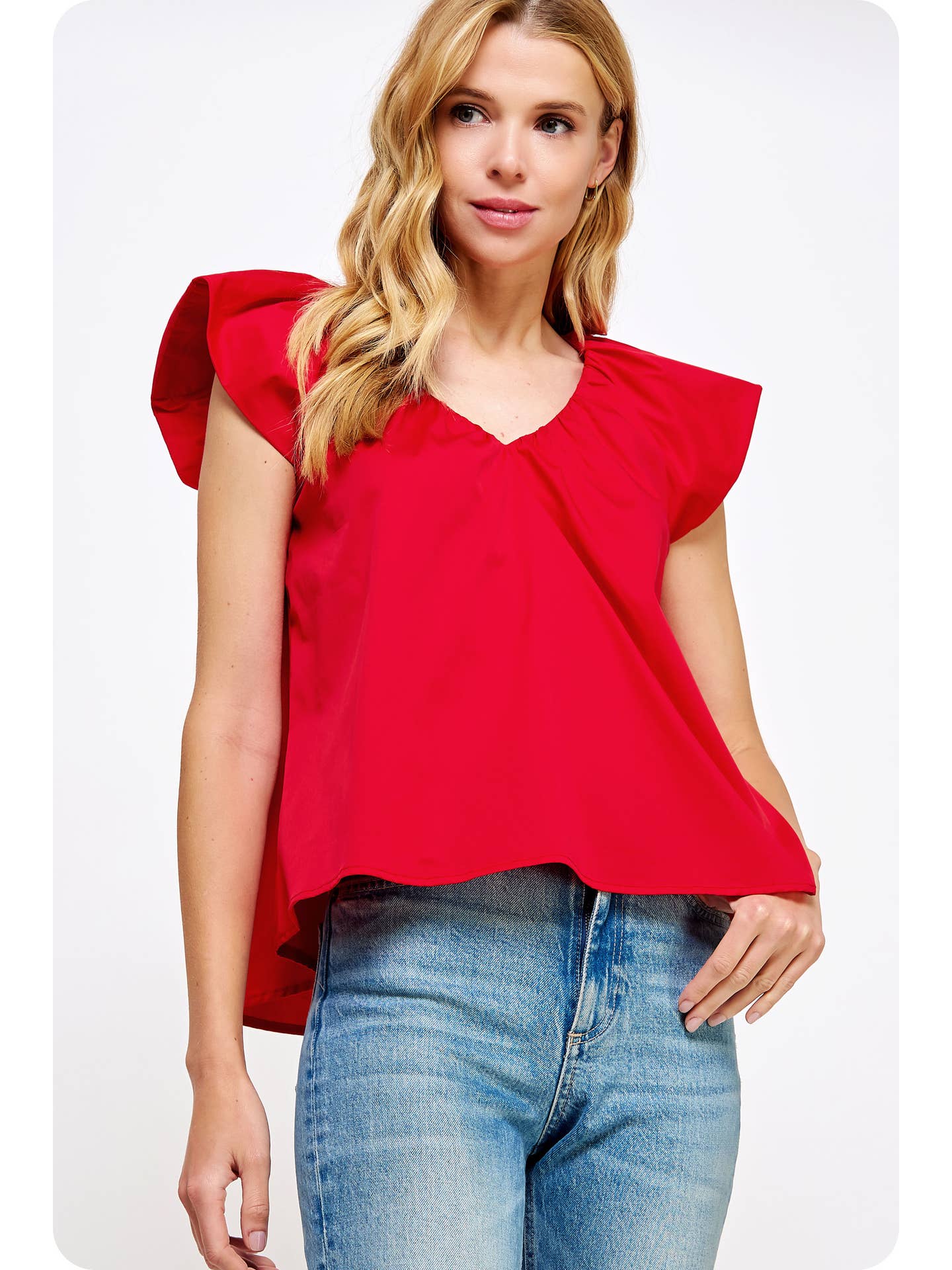 V Neck Puff Sleeves Poplin Top