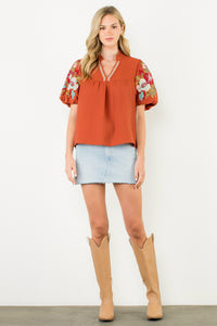 Embroidered Detail Puff Sleeve V Neck - Rust