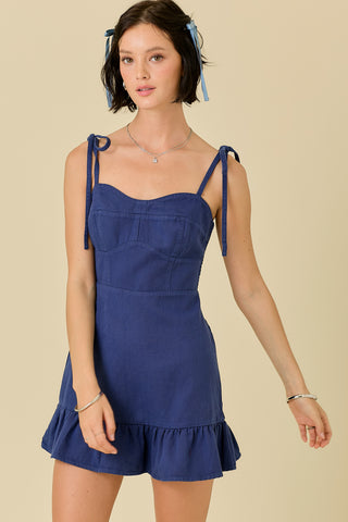 Navy Ruffle Hem Denim Dress W/ Shoulder Tie Straps