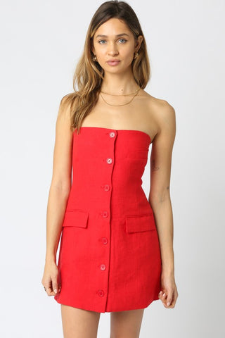 Red Strapless Button Dress