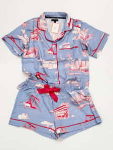 Houston Toile Pajama Shorts Set (Blue Pink) by Katie Kime