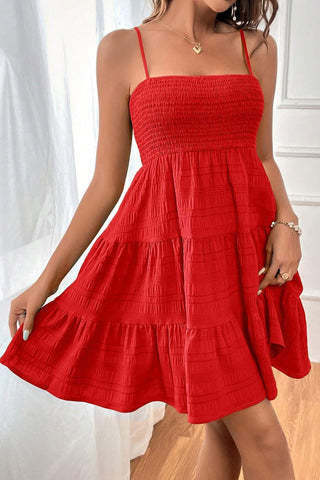Red Solid Ruffle Hem Dress