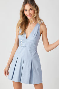 Triple Buttoned Waistband Pleated Mini Dress