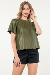 Short Sleeve Leather-like Top - Olive