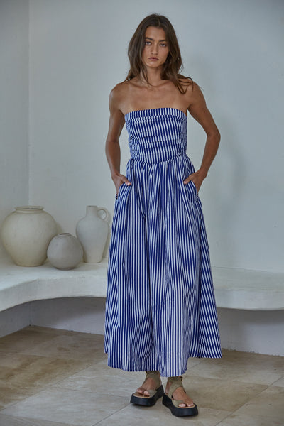 Blue & White Strapless Stripe Dress - Promenade Denim Blue (1)