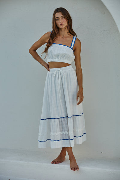 White & Blue Trim Crop Top and Skirt Set - Katerina
