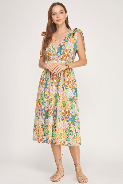 Multi Flower Printed Midi Dress