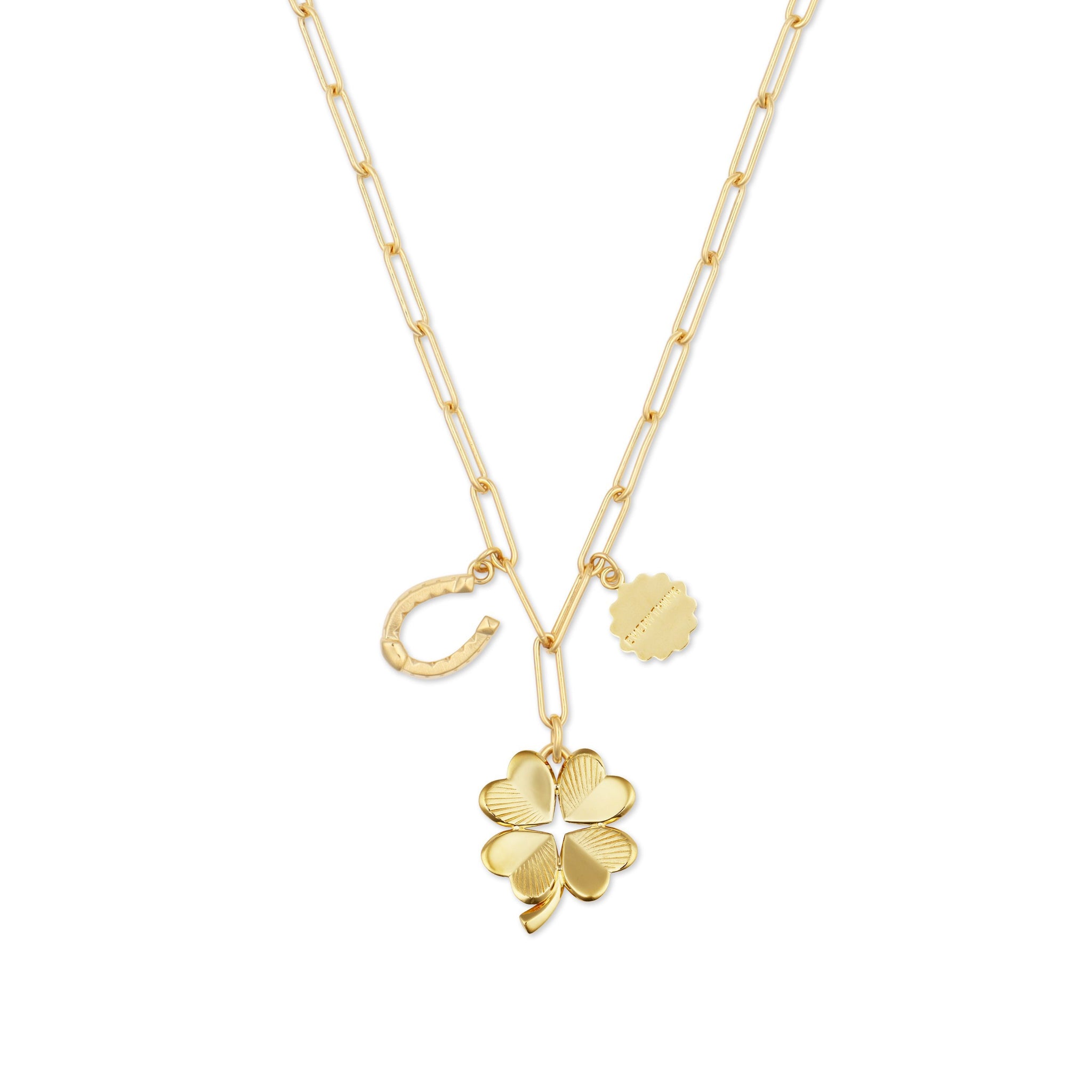 HART 18" Long Link Starter Necklace with Everything Disc, Small Fortuna Horseshoe, and Small Luck & Love Clover