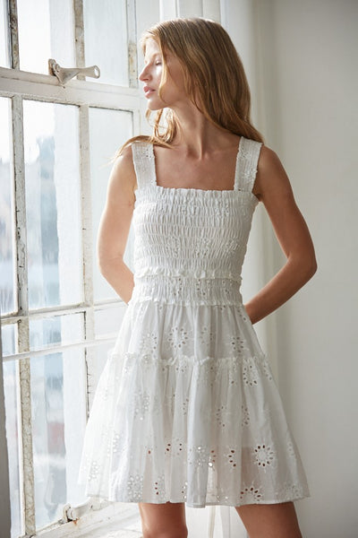 Alexie Eyelet Smocked Mini Dress - White