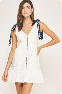 Off-White/Navy Scallop Embroidery Mini Dress