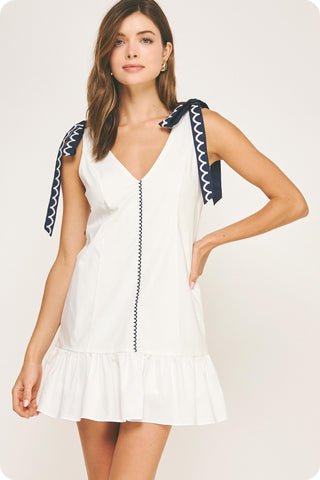 Off-White/Navy Scallop Embroidery Mini Dress