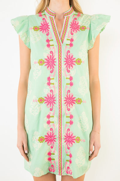 Flutter Sleeve Embroidered Dress Mint