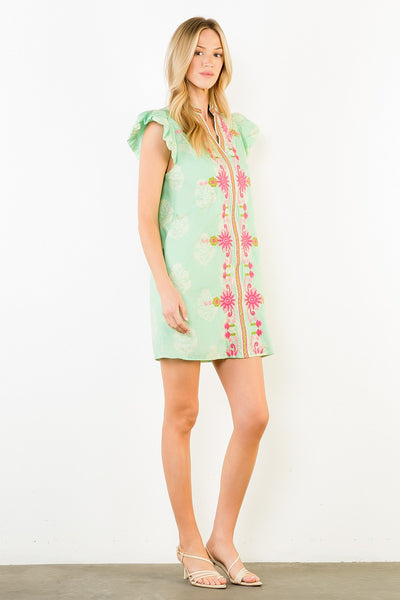 Flutter Sleeve Embroidered Dress Mint