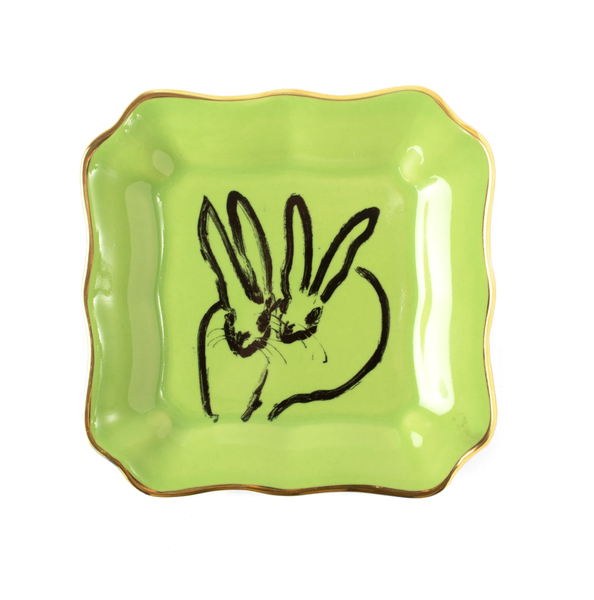 Hunt Slonem Bunny Portrait Plate with Hand Painted Gold Rim