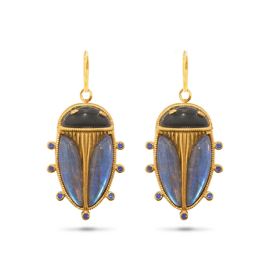 Scarab Petite Drop Earrings in Blue Labradorite/Black Agate