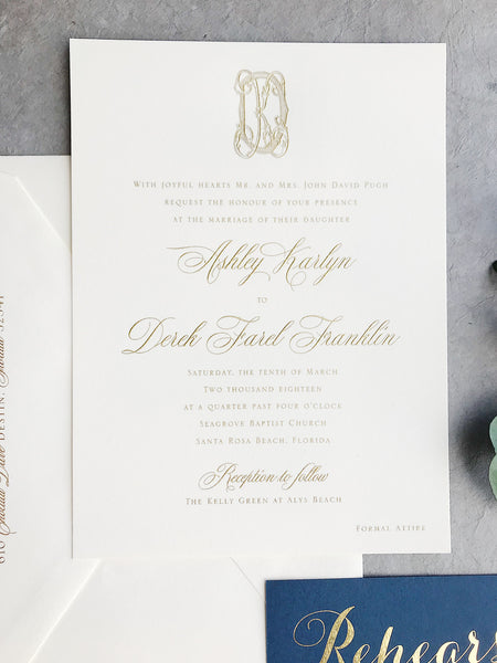 gold-foil-monogram-seal-calligraphy-navy-wedding-invitation