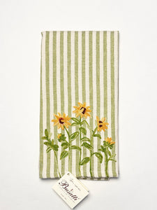 Sunflower Embroidery on Pomelo Stripe Kitchen Towel (Girasoli 21)