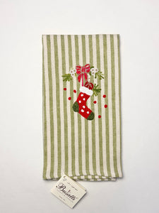 Stocking Embroidery on Pomelo Stripe Kitchen Towel (Calza Natalizia 21)